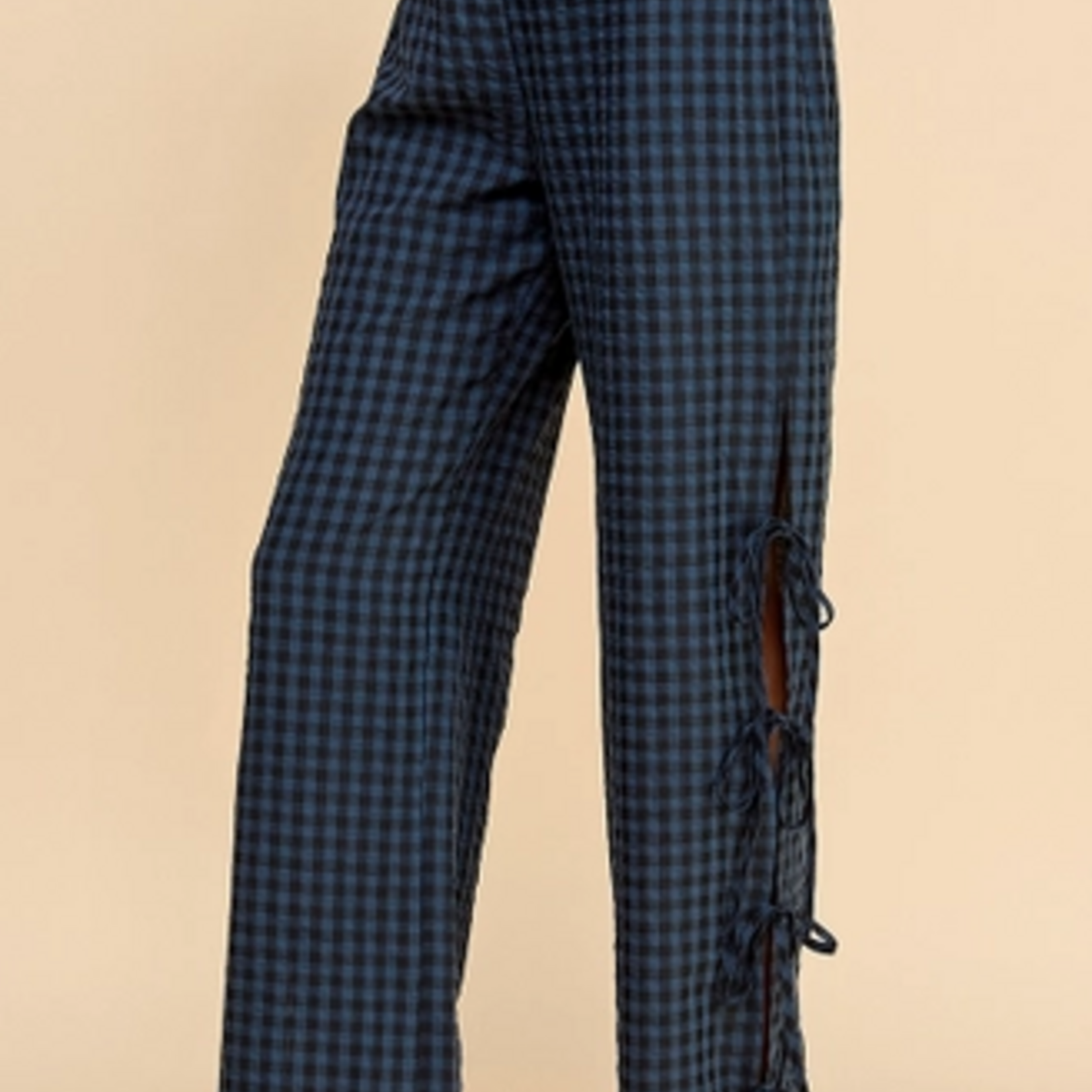 Gingham Side Tie Detail Long Pants