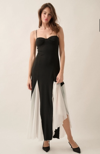 Amber Ribbed Knit & Mesh Sweetheart Maxi Dress