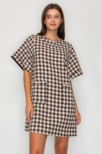 Mocha Latte Houndstooth Shift Dress