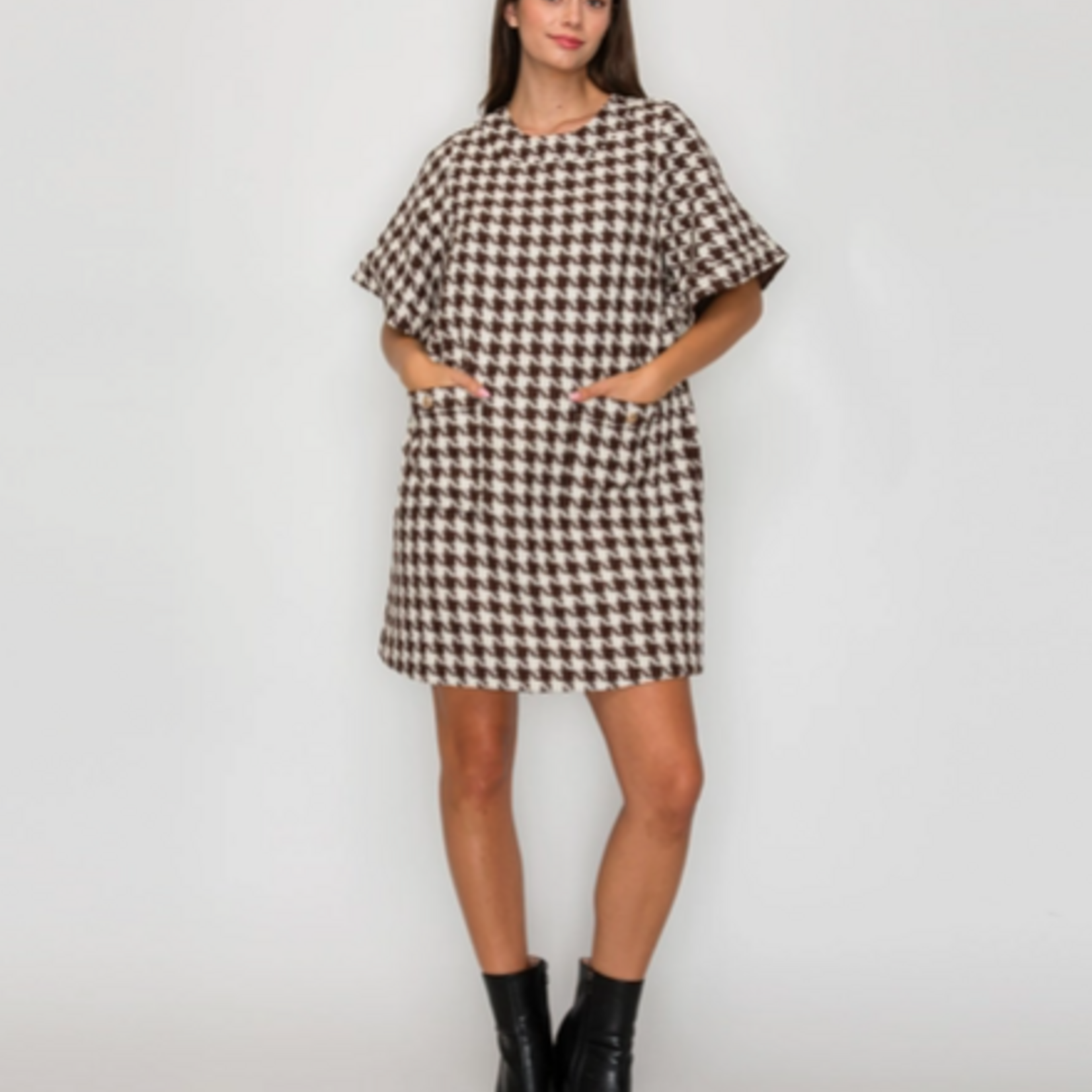 Mocha Latte Houndstooth Shift Dress