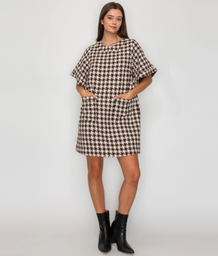 Mocha Latte Houndstooth Shift Dress