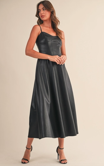 Leather Paneled A Line Midi Dress