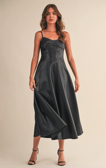 Leather Paneled A Line Midi Dress