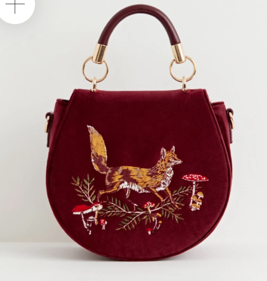 Fox & Mushroom Embroidered Velvet Saddle Purse