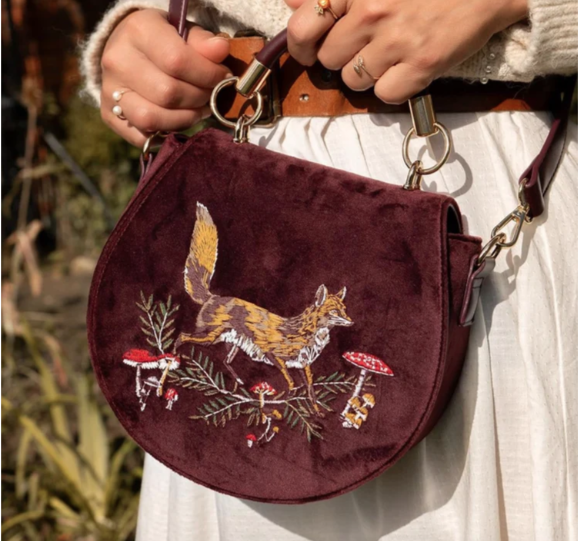 Fox & Mushroom Embroidered Velvet Saddle Purse