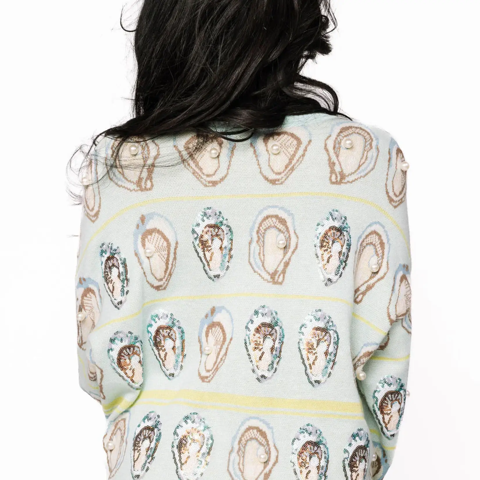 Queen of Sparkles Blue and Green Oyster Tie Up Sweater