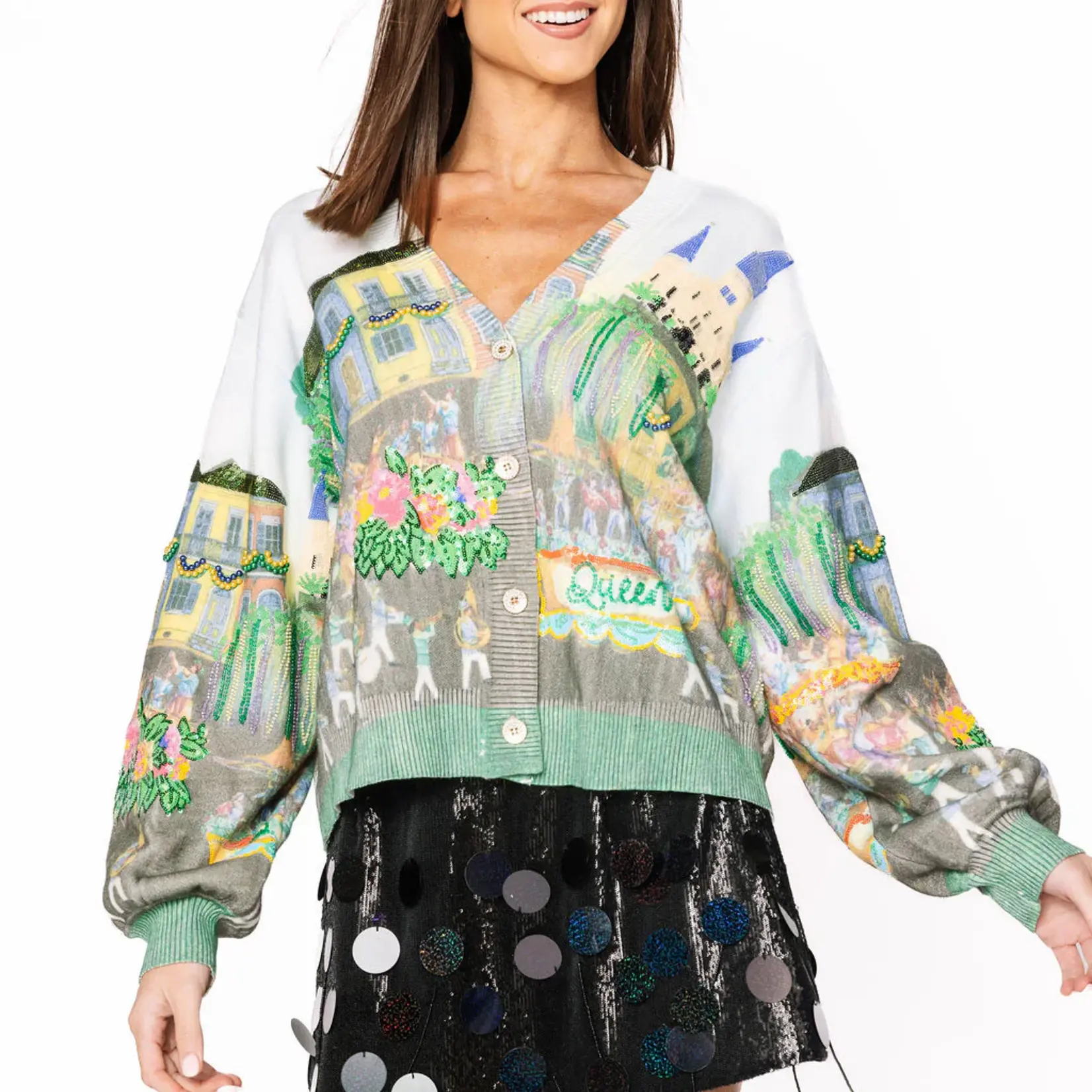 Queen of Sparkles Mardi Gras Parade Scene Cardigan
