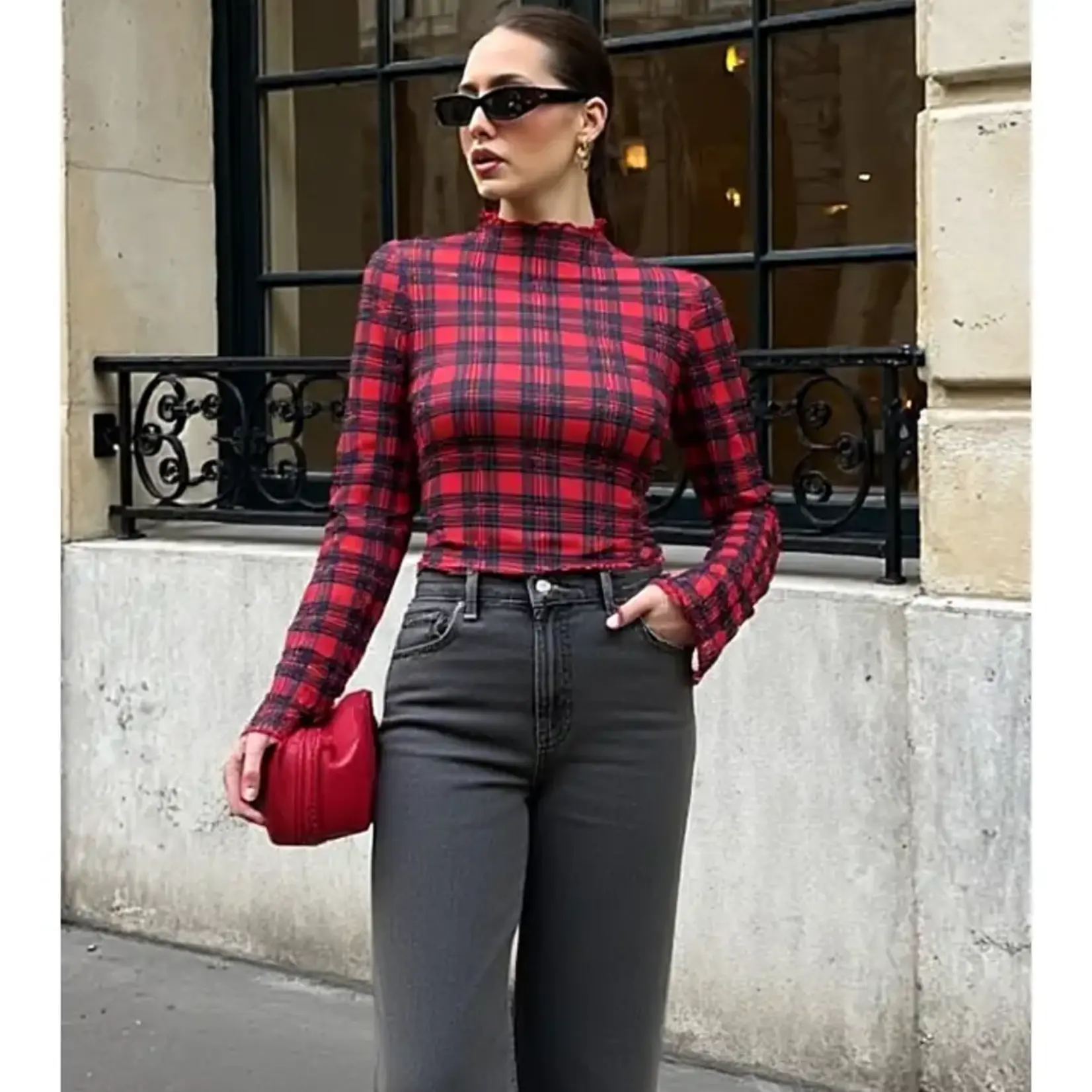 Plaid Print Mesh Mock Neck Top
