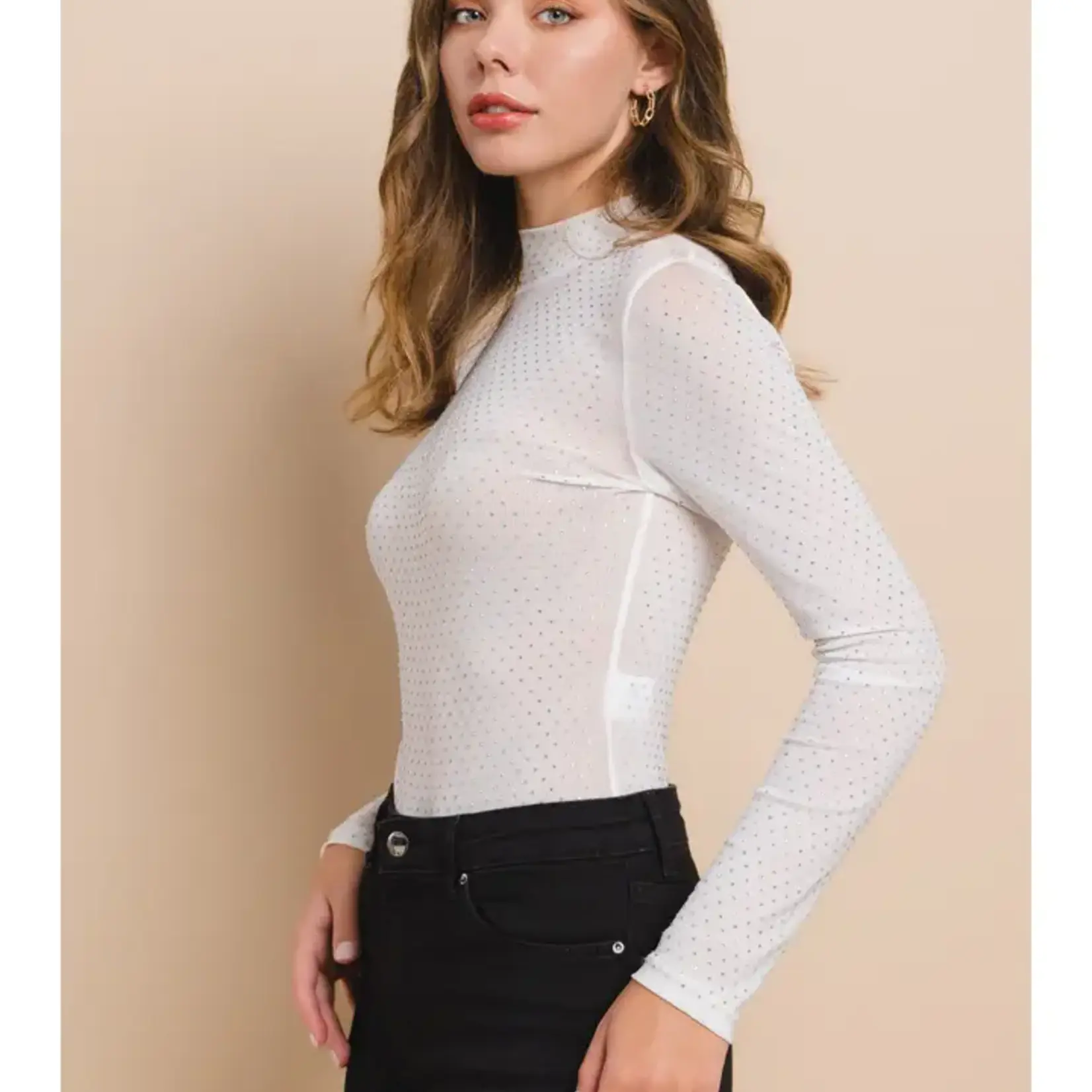 Mesh Rhinestones Mock Neck  Bodysuit