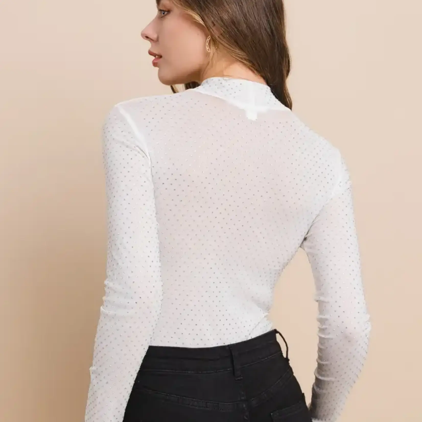 Mesh Rhinestones Mock Neck  Bodysuit