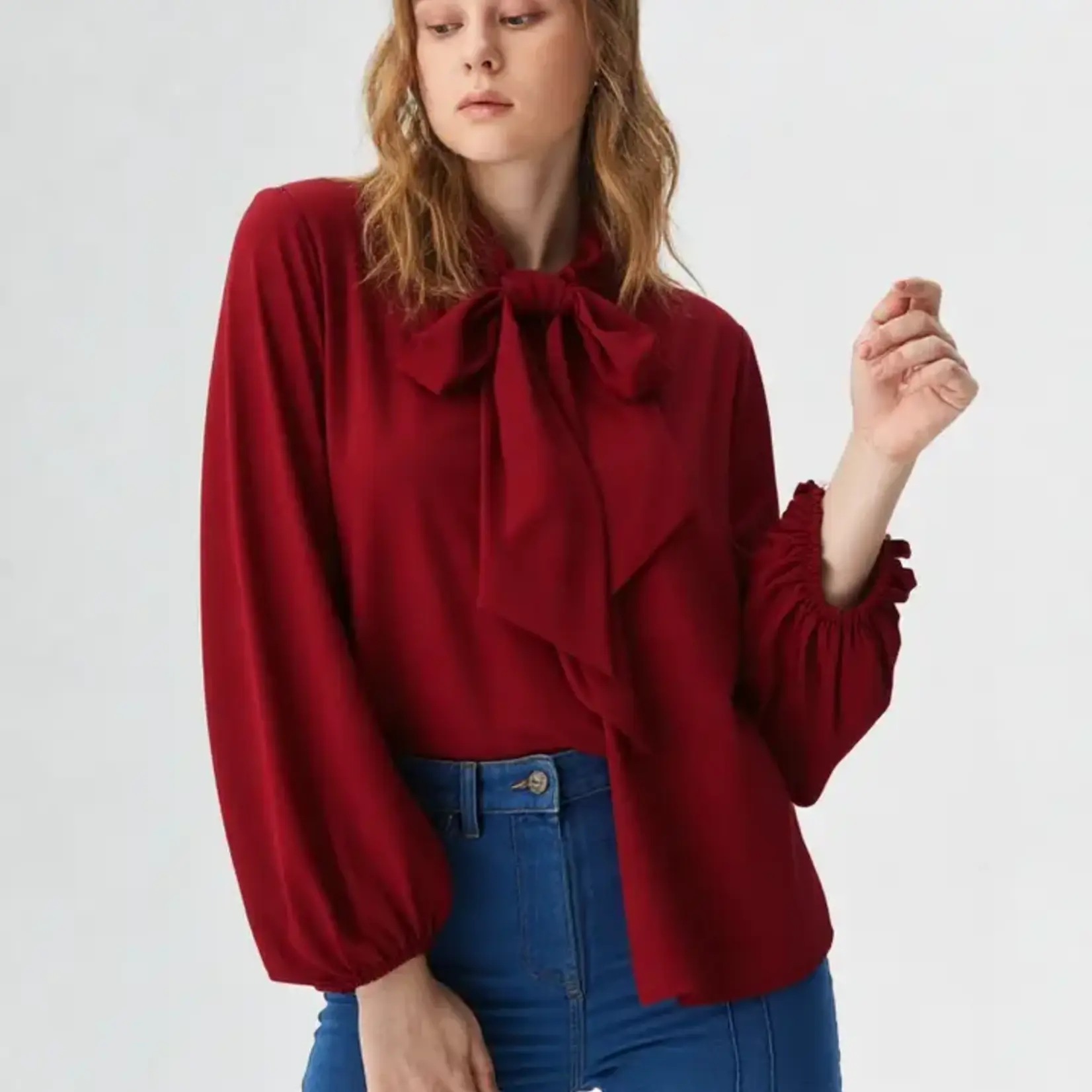 Burgundy Ribbon Tied Blouse