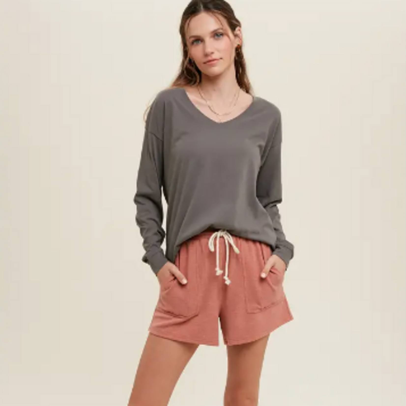 Grey Long Sleeve Top with Rounded Hem