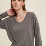 Grey Long Sleeve Top with Rounded Hem