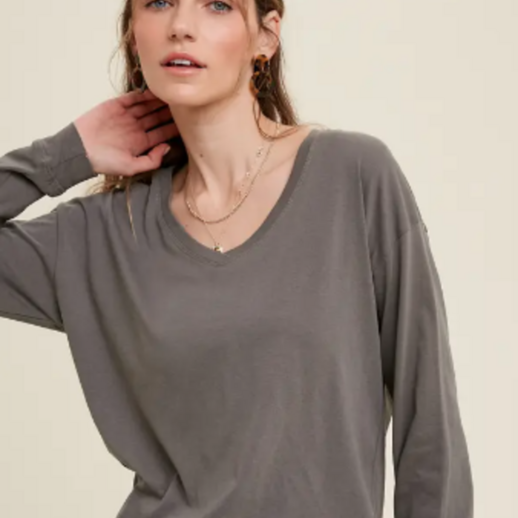 Grey Long Sleeve Top with Rounded Hem