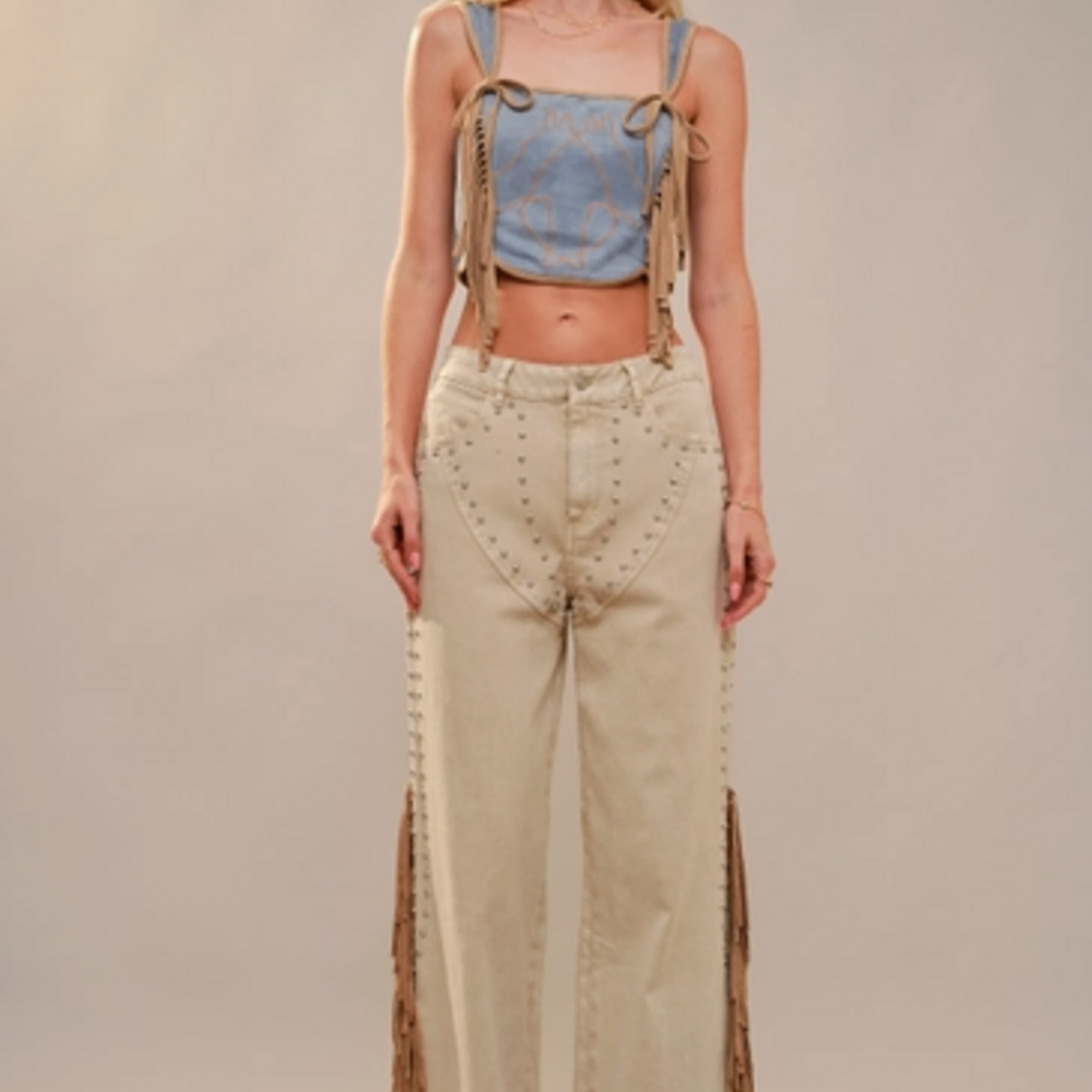 Blue B Fringe Studded Wide Leg Jeans