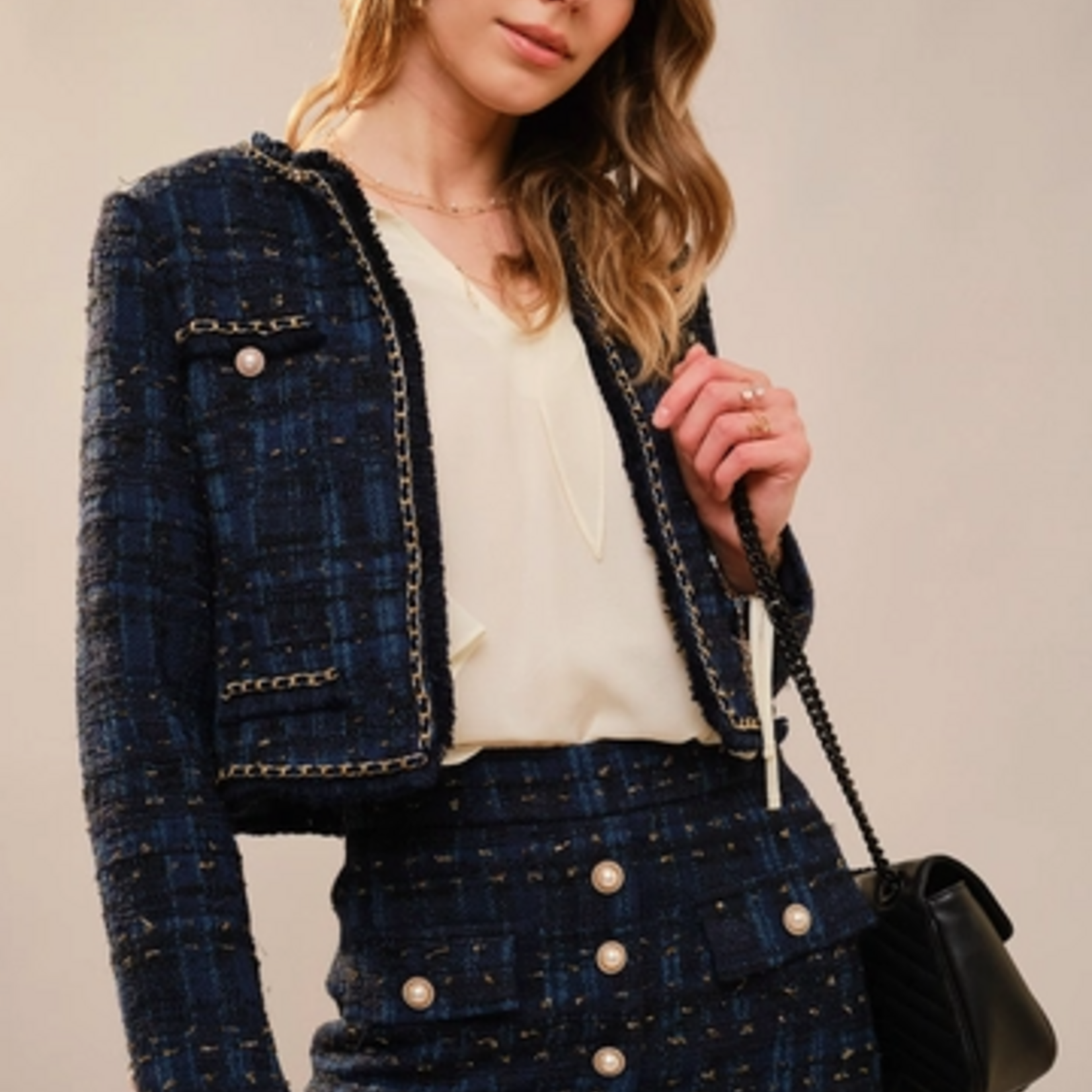 Blue B Chain Detailed Tweed Blazer