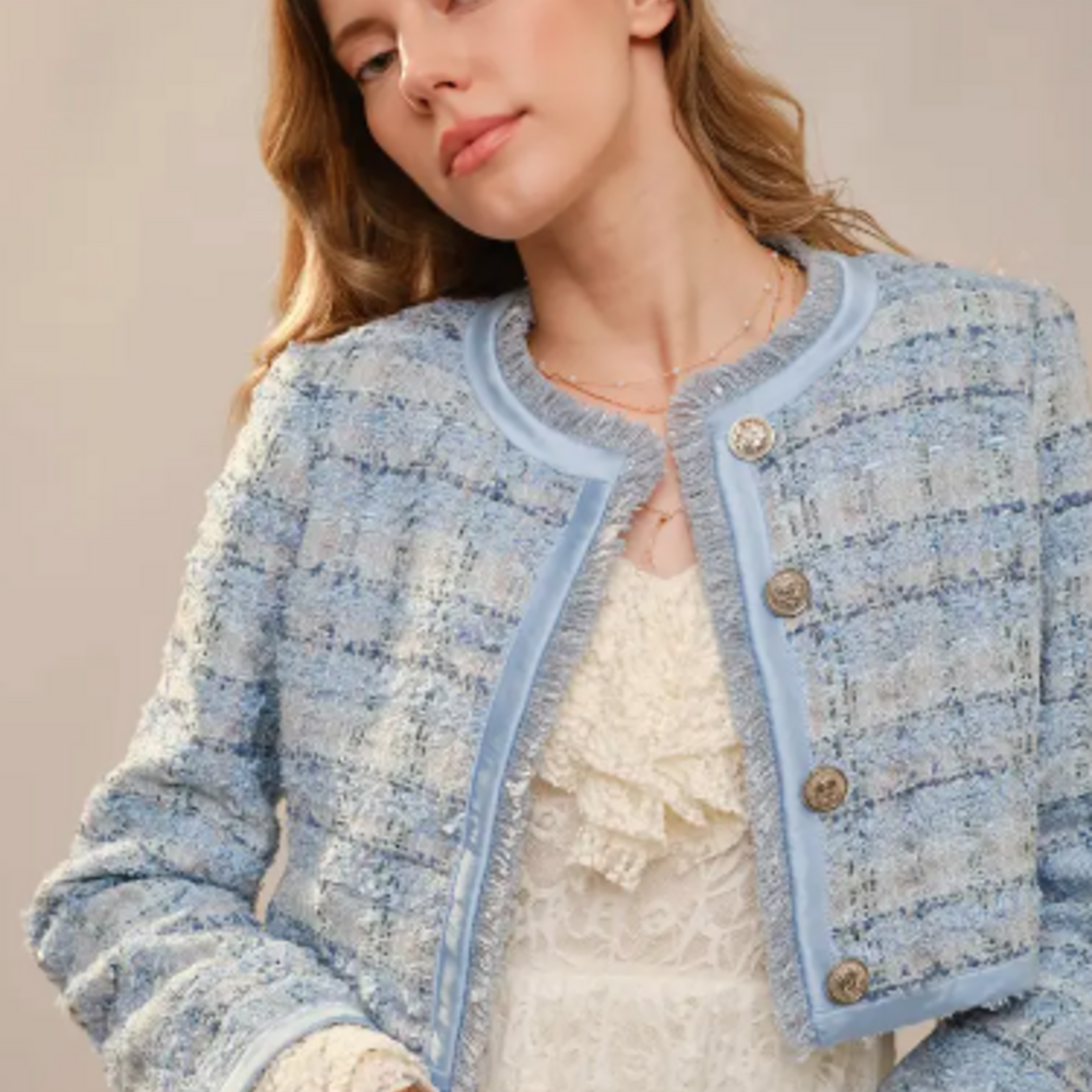 Blue B Baby Blue Collarless Tweed Blazer