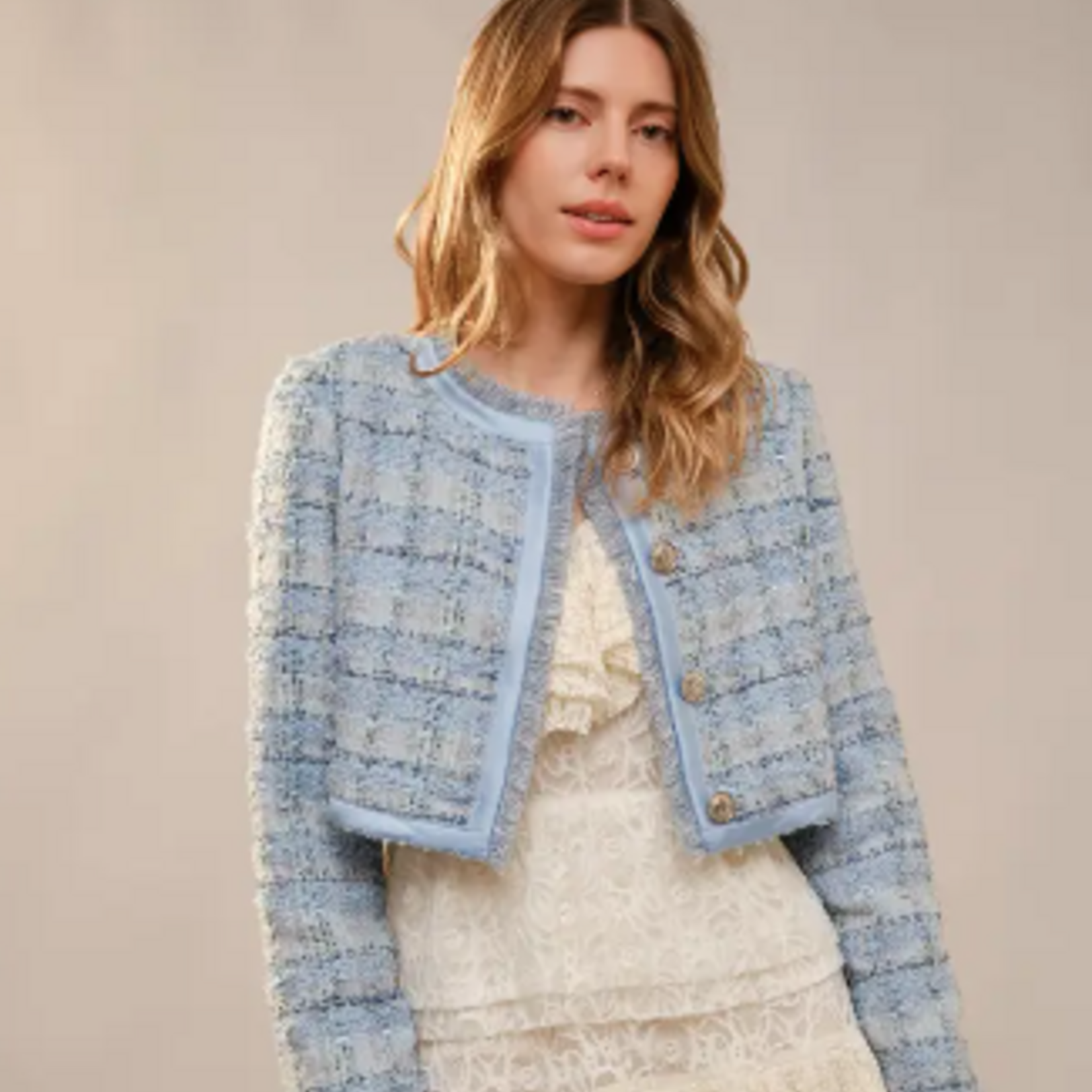 Blue B Baby Blue Collarless Tweed Blazer