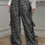 Grey Leopard Ribbon Bow Detail Pants