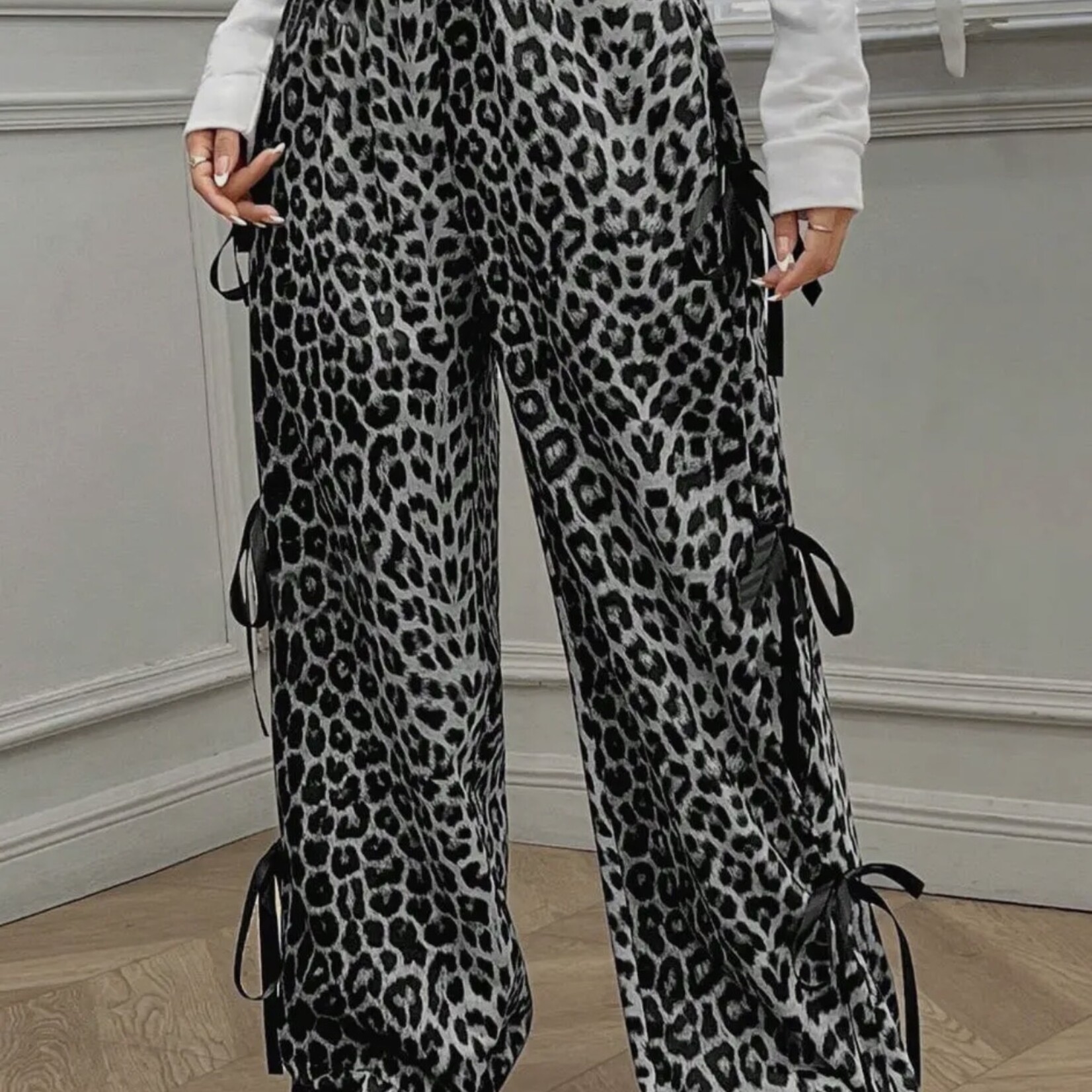 Grey Leopard Ribbon Bow Detail Pants