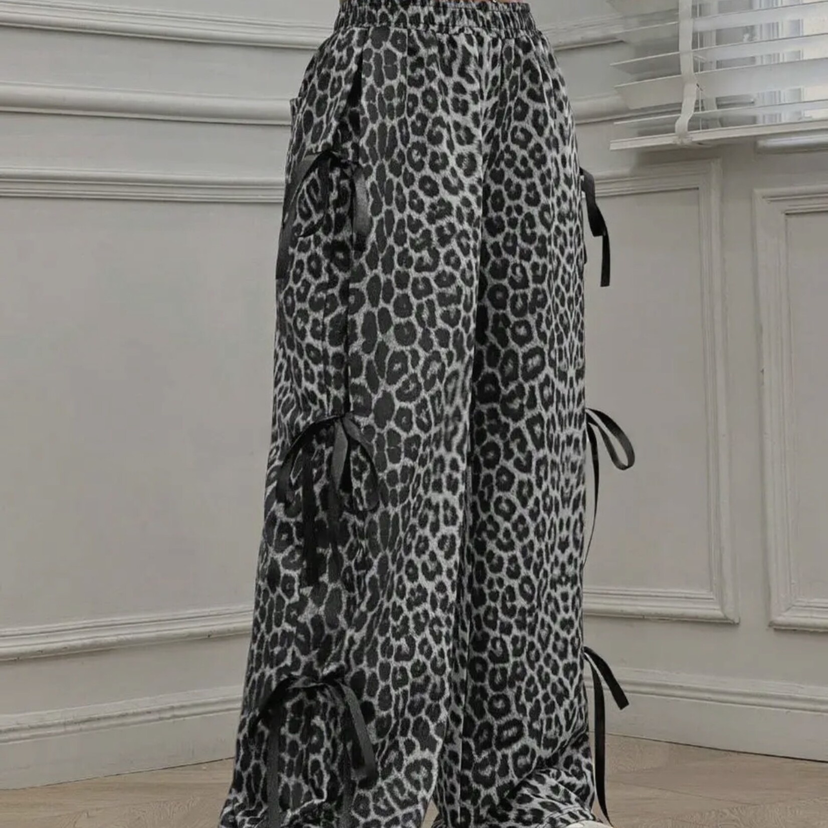 Grey Leopard Ribbon Bow Detail Pants