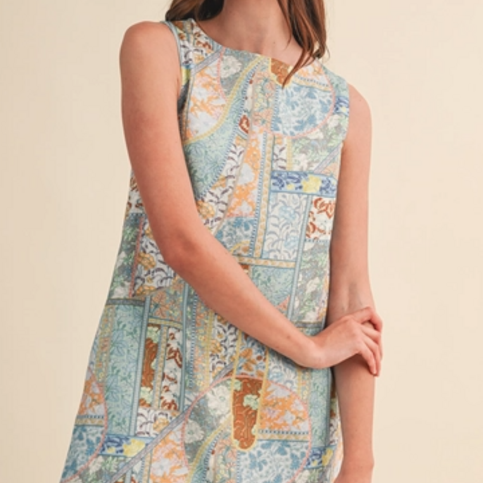 Patchwork Print Denim Shift Mini Dress