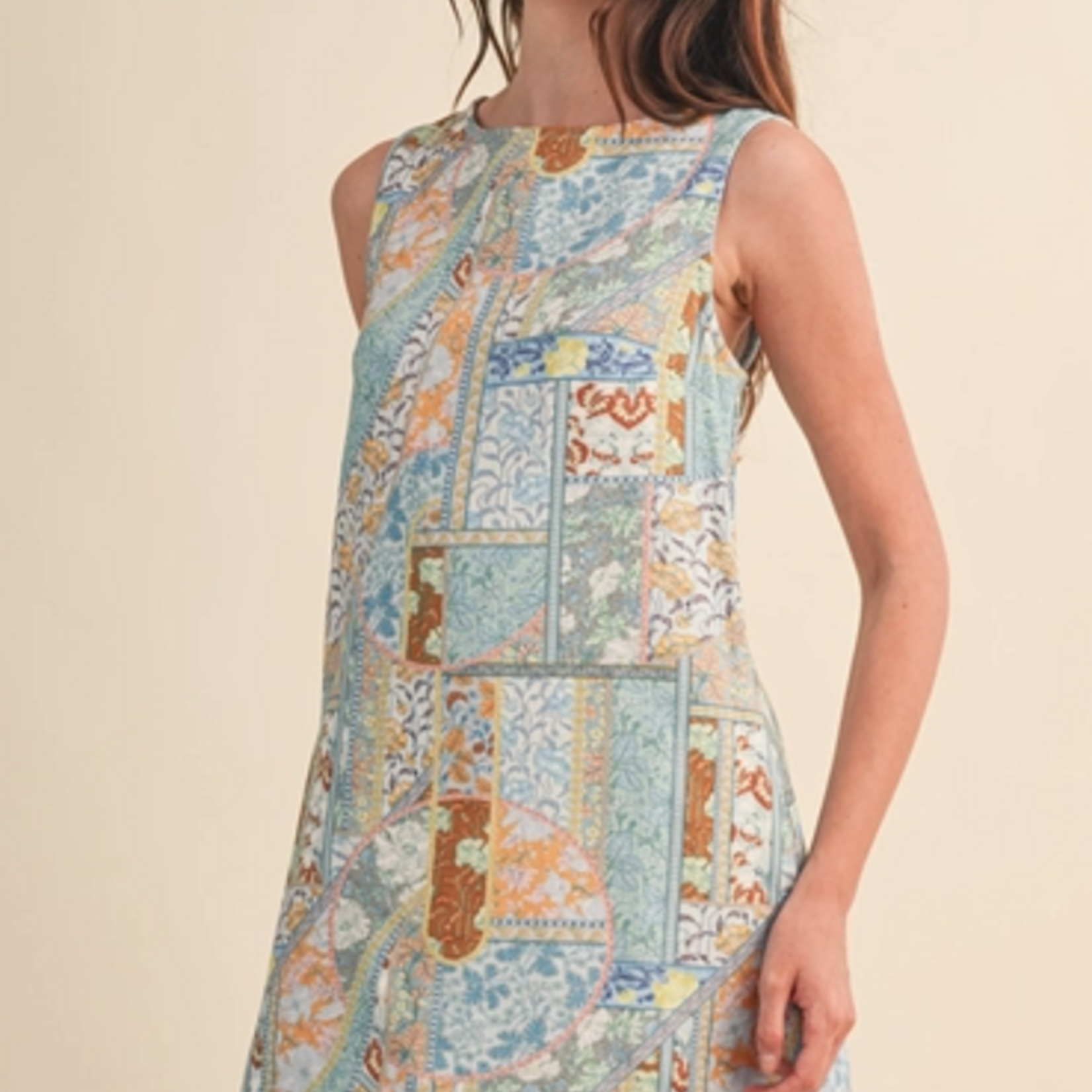 Patchwork Print Denim Shift Mini Dress