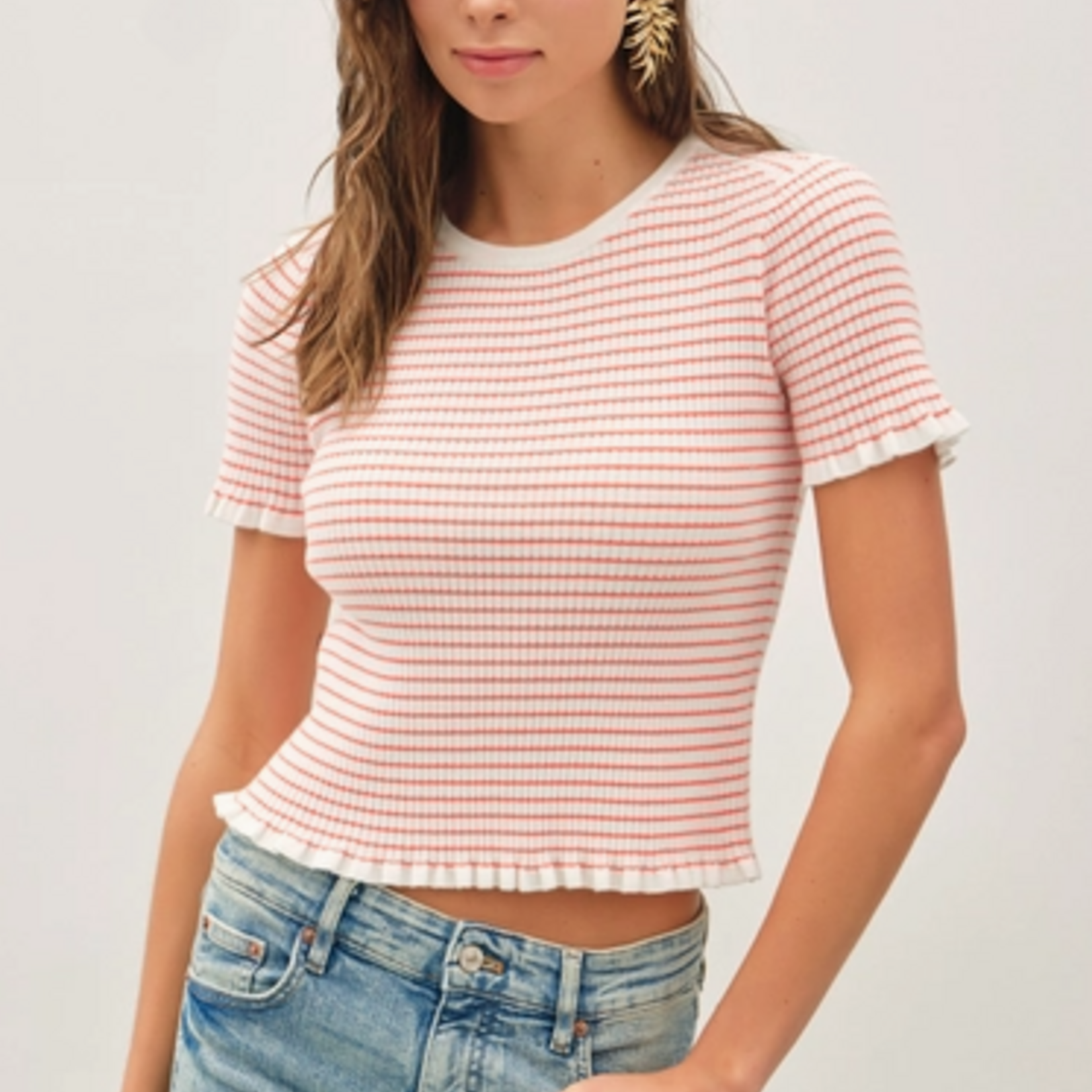 Be Cool Grapefruit Mini Stripe Ruffled Top