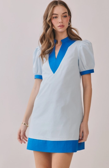 blue puff sleeve mini dress KissProm Cobalt Plunge V Bodycon Short with Sleeves, Blue / 0 Hand wash cold Plus Size - Chambray Puff