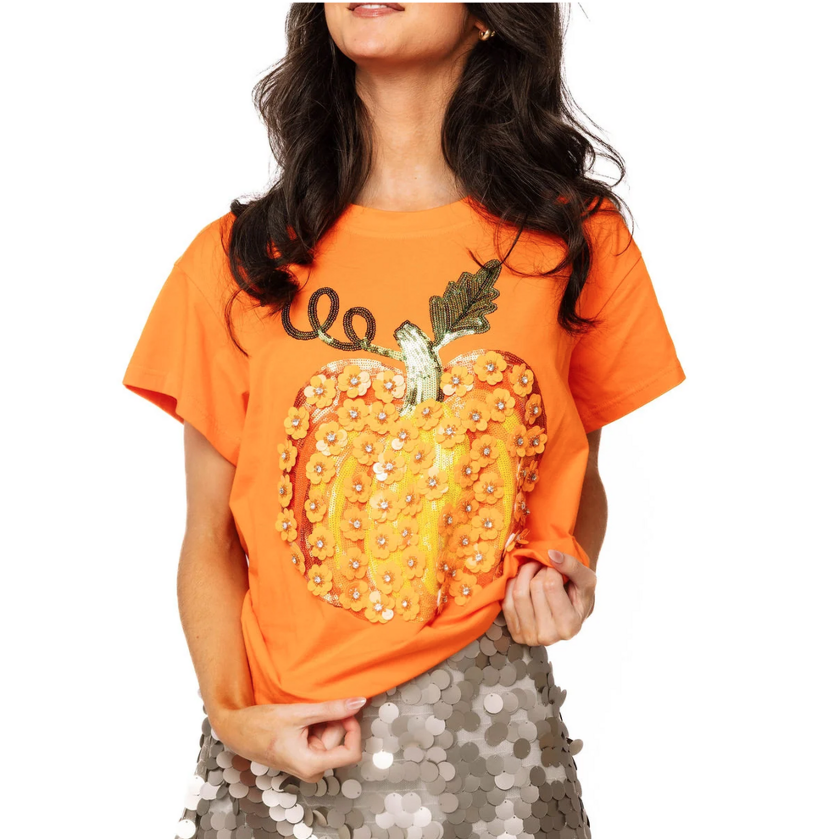 Queen of Sparkles Orange Sequin Flower Pumpkin Tee