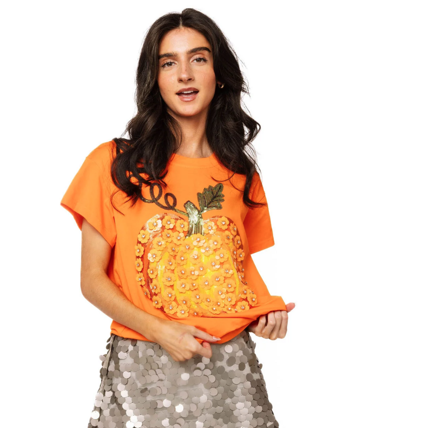 Queen of Sparkles Orange Sequin Flower Pumpkin Tee
