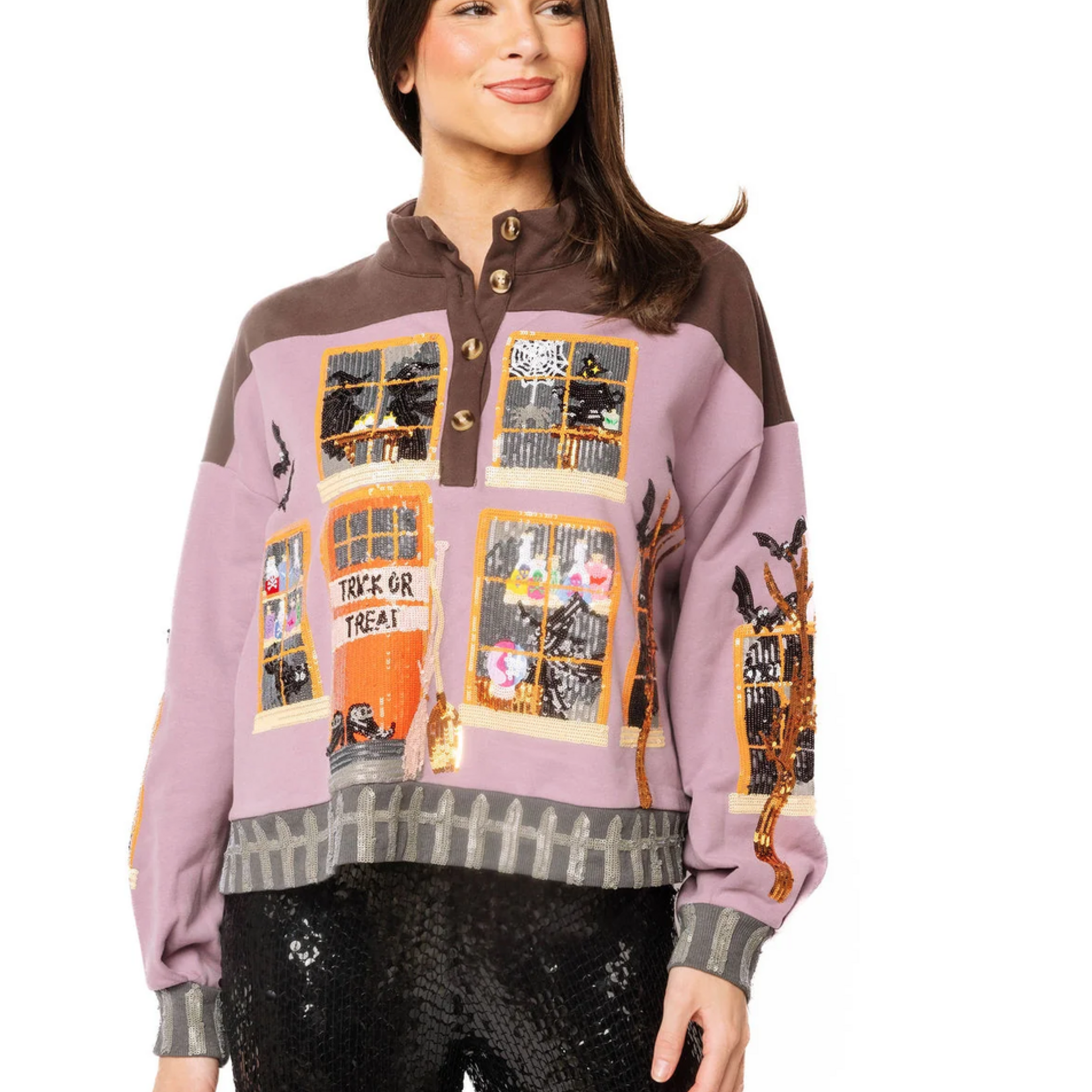 Queen of Sparkles Brown and Purple Haunted House Henley