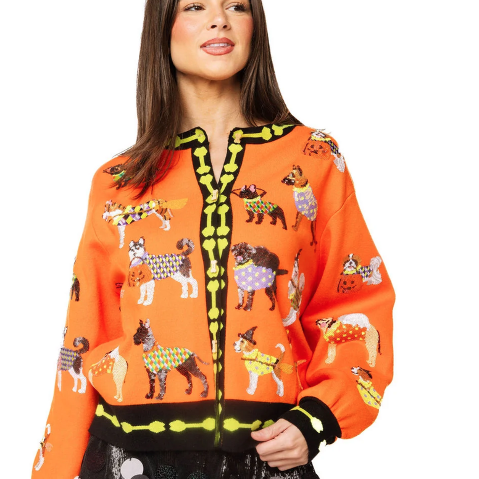Queen of Sparkles Orange Halloween Dogs Button Up Cardigan