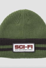 Sci-Fi Fantasy Reflective Patch Striped Beanie Olive/Grey