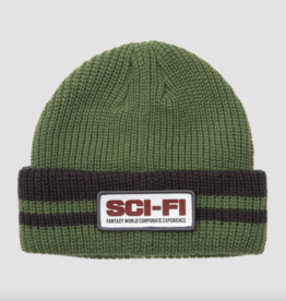 Sci-Fi Fantasy Reflective Patch Striped Beanie Olive/Grey