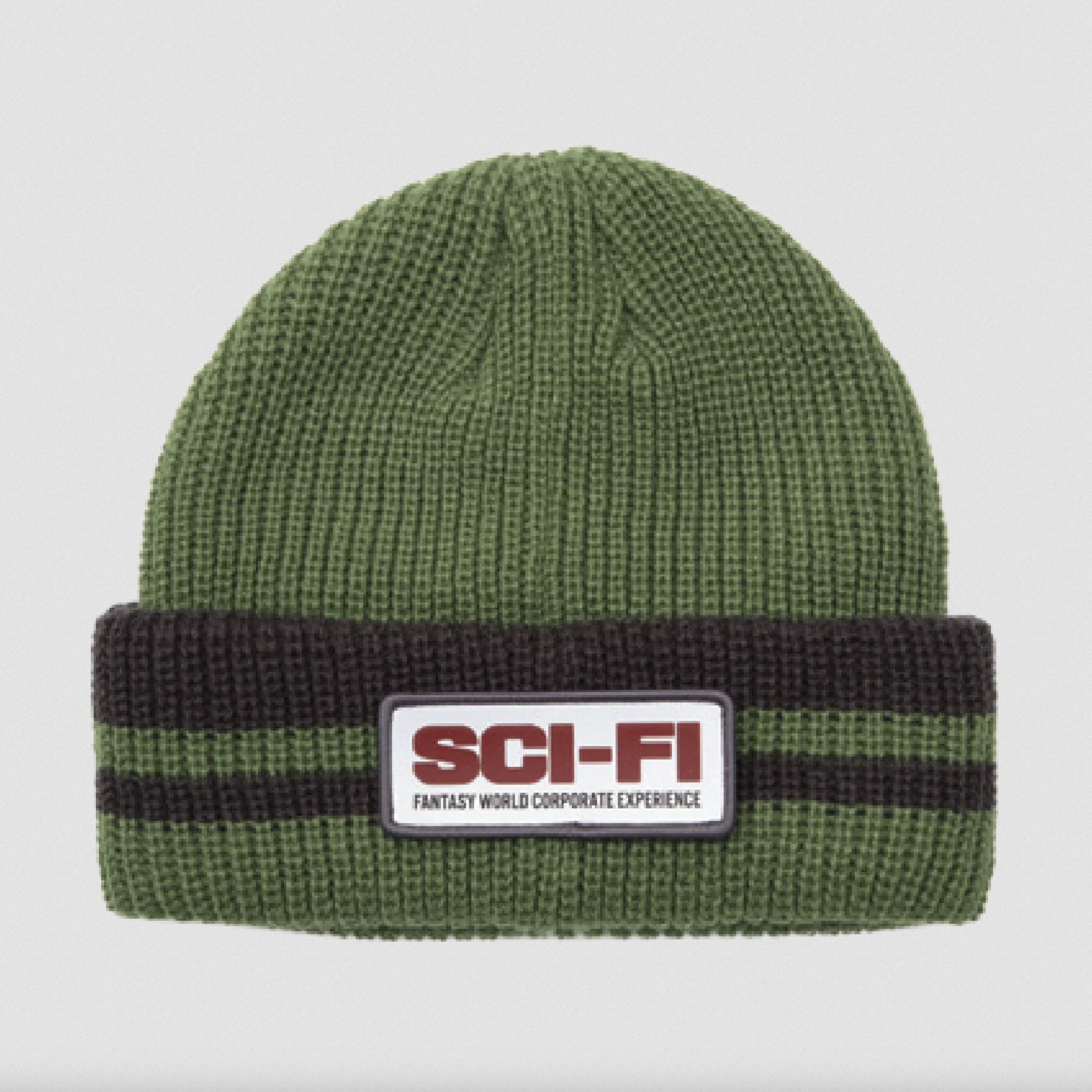 Sci-Fi Fantasy Reflective Patch Striped Beanie Olive/Grey