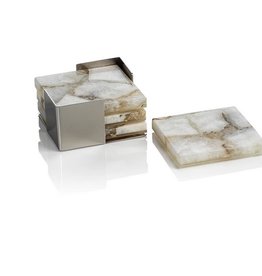 Crete Agate Coasters on Metal Tray Taupe/White - Set/4