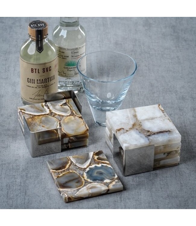 Zodax Crete Agate Coasters on Metal Tray Taupe/White - Set/4