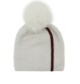 White Knit Beanie w/ Ribbon Stripe & White Fox Pom