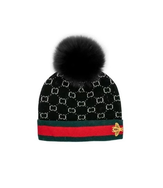 Knitted Hat w/ Embroidered Bee & Fox Pom Black