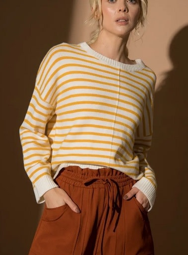 Striped Round Neck Sweater Top Ivory/Apricot