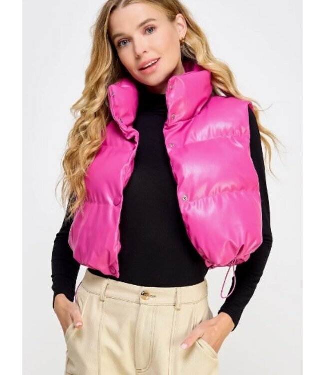 Pleather Cropped Puffer Vest Magenta