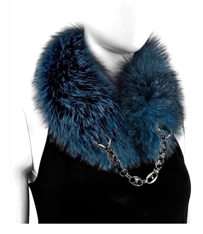 Mitchies Matchings Fox Fur Collar w/ Gunmetal Chain Closure Denim Blue Indigo