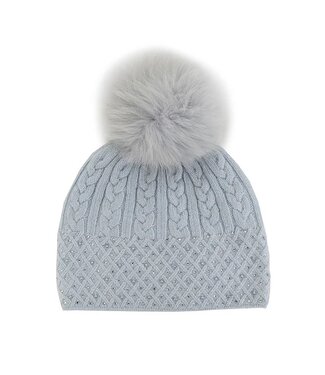 Mitchies Matchings Light Blue Cable Knit Sparkle Hat w/ Crystals & Fox Pom