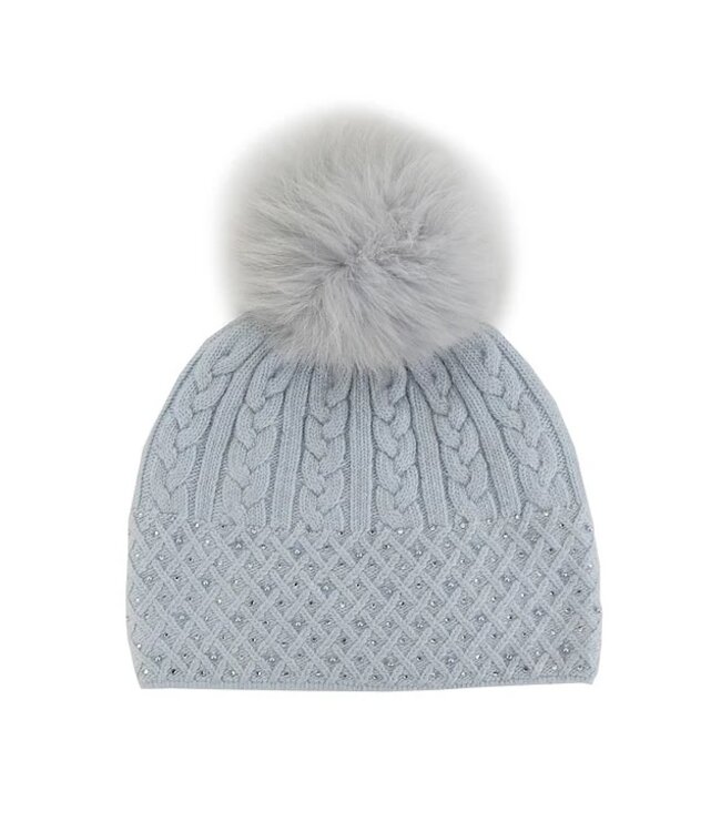 Mitchies Matchings Light Blue Cable Knit Sparkle Hat w/ Crystals & Fox Pom
