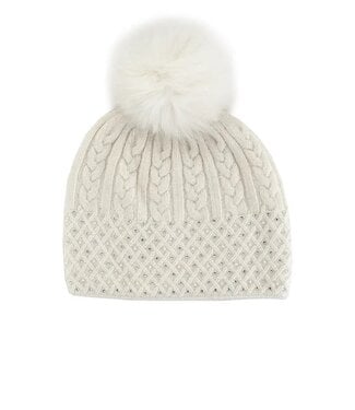 Mitchies Matchings White Cable Knit Sparkle Hat w/ Crystals & Fox Pom