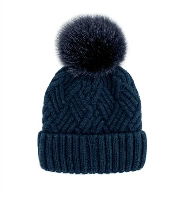 Mitchies Matchings Knitted Hat w/ Fox Pom Pom Navy