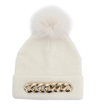 Mitchies Matchings Metallic Chain & Fox Pom Knitted Hat Ivory