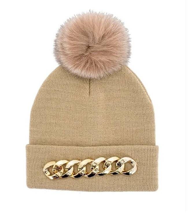 Mitchies Matchings Metallic Chain & Fox Pom Knitted Hat Camel