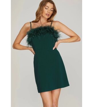Cami Knit Faux Feather Dress Dk Green
